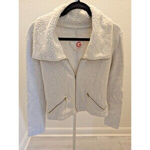 GUESS Women's M Gray Sherpa Shawl Collar Moto Biker Knit Jacket Cozy Soft